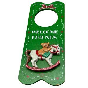 Christmas welcome friends door hanging sign bear rocking horse green wood READ